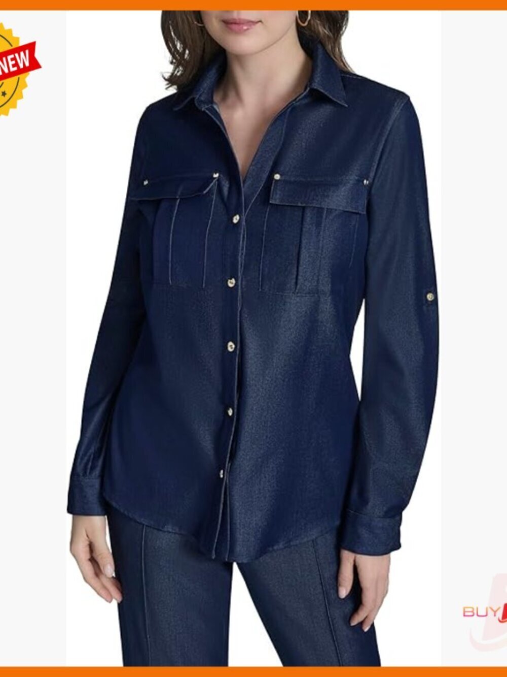 Roll Tab Sleeve Denim-Like Collared Button Front Blouse